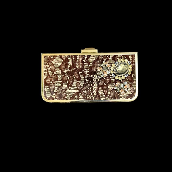 Kate Landry Handbags - Kate Landry Gold Tone With Brown Lace Evening Clutch